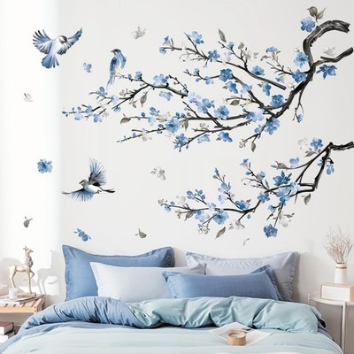 decalmile Watercolor Blue Flower Branch Wall Decals Blossom Tree Branch Floral