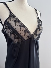 Vintage Black Lace Full Slip Nylon Maxi Unlined Lingerie Nightie Whimsigoth S