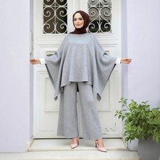 2pcs Muslim Women Casual Knitted Blouse Top Pants Sets Islamic Outfits Modest
