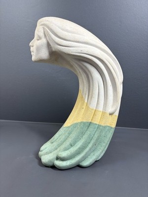 Vintage Art Deco Woman Face Sculpture Flowing Hair Wave Bookend Pastel Statue 14