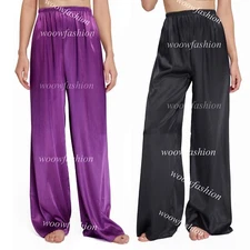 Women Wide Leg Pajama Pants Satin Silk Loose Lounge Pants Pj Bottoms with pocket