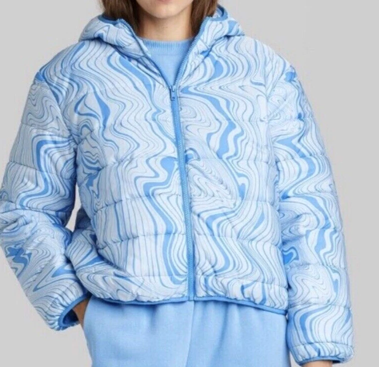 Wild Fable Puffer Jacket Blue Marble Hood Quilted Coat Womens Polyester  Parka~XL