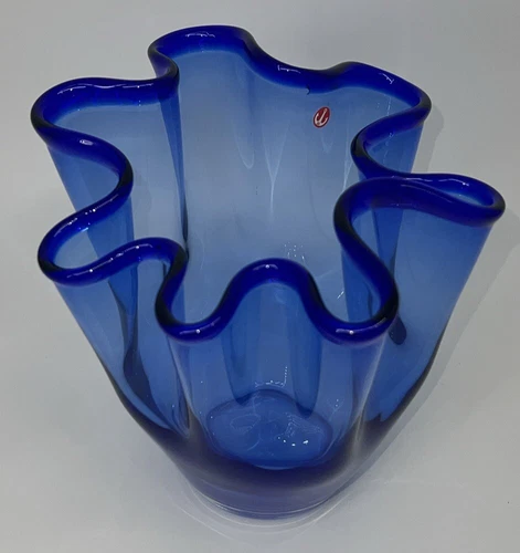 Murano StyleExquisite cobalt blue danish handmade tulip ruffle vase murano style