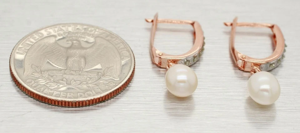 Vintage Oval Pearl Drop Dangle Earrings - 10k Rose Gold - Leverback - Image 3 of 4