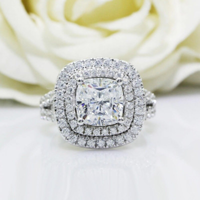 1.66Ctw Cushion Cut Moissanite Double Halo Engagement Ring 14k White Gold Plated