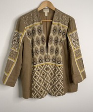 Chico's Women's 2 Linen Blend Open Front Blazer Jacket Southwestern Aztec Beaded