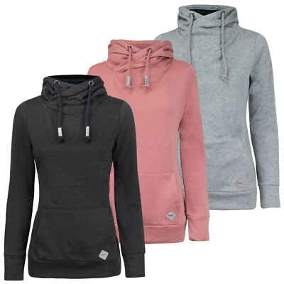 SUBLEVEL Damen Sweatshirt Kapuzenpullover Pulli mit Kängurutasche  Schalkragen