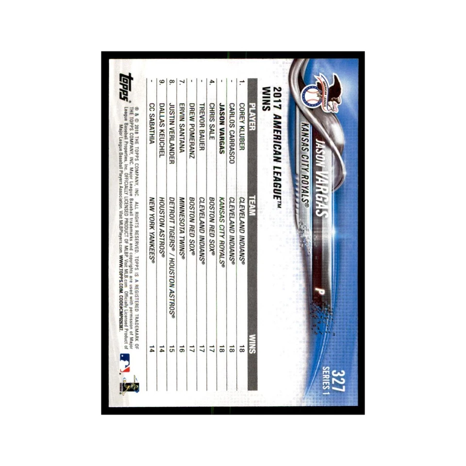 Jason Vargas 2018 Topps #327 Kansas City Royals Baseball Card NM - Image 2 of 3