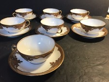 A Set Of 7 Antique Limoges Tea Cup And Saucer/ Raised Gilt/ 14 Pieces/ Hand Made