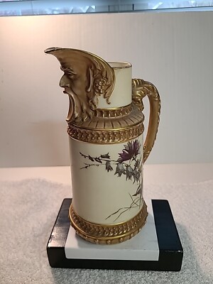 RARE ANTIQUE ROYAL WORCESTER IVORY BLUSH GOLD MASK PITCHER JUG #1366 CHIPPED
