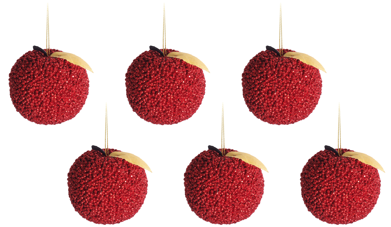 Apple Christmas Bauble Decorations Tree Ornaments - Red Glitter - Set of 6