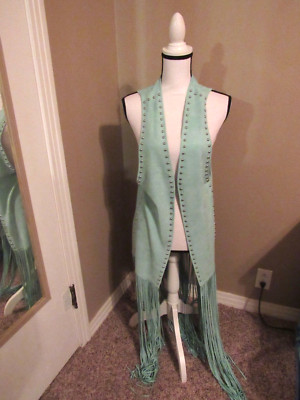 Ladies Crazy Train Duster - Teal - One Size - New - Fringe & Studs - Faux Suede