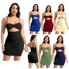 Women Knot Front Cut Out Bodycon Mini Pencil Party Spaghetti Strap Ruched Dress