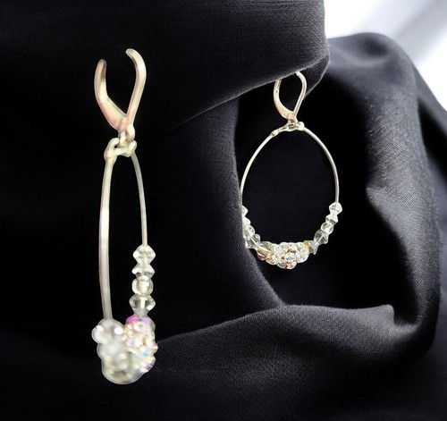 * Handmade Taupe Beads and Rhinestone Hoop Earrings - Picture 3 of 4