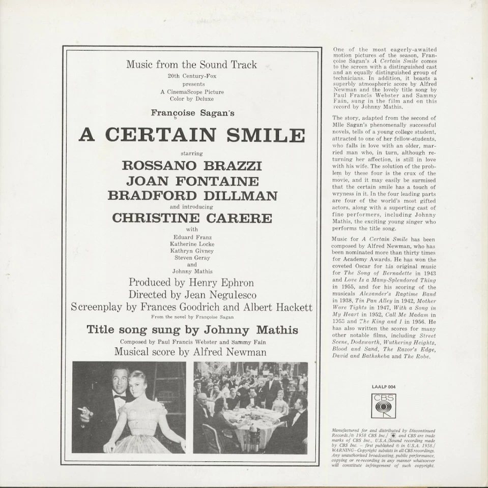 Johnny Mathis & Others - A Certain Smile - Soundtrack (LP) - Vinyl Soundtracks - Image 2 of 2