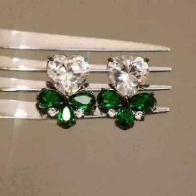 4Ct Lab Created Diamond Heart & Green Emerald Stud Earring 14k White Gold Finish