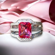 Lab Made Pink Sapphire Ring Solid Sterling Silver 925