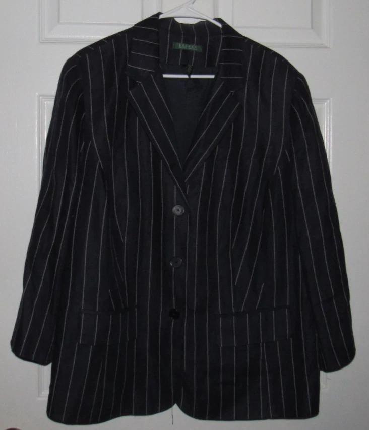 Jaqueta Blazer Feminina RALPH LAUREN 20W Linho Mistura de Algodão Azul com Listras Brancas - Imagem 2 de 4