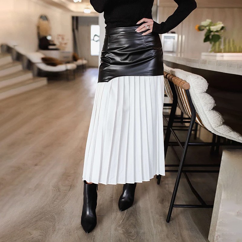 Street Style Women's High Waist PU Leather Pleated Mid-Length Skirt Casual