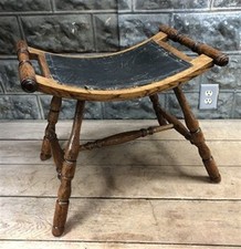 Oak Saddle Stool, Refinished Antique Seat, Curved Canvas Seat Hallway Chair