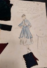 1900 Rare document dessin de mode avec description manuelle +échantillons tissus