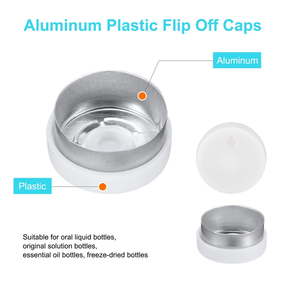 13mm Flip Off Caps 200PCS Burr-Free Flip Off Top Caps, White/Silver Foto 3 de 4