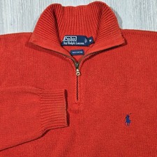 Vtg Polo Ralph Lauren Knit Sweater Men Orange 1/4 Zip Pullover Blue Pony Medium