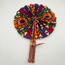 African Ankara Print Folding Hand Fan Leather Handle Multicolor Geometric