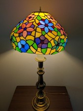 Vintage 32.5" Tiffany Style Stained Glass Table Lamp w/ Floral Design Gold Base