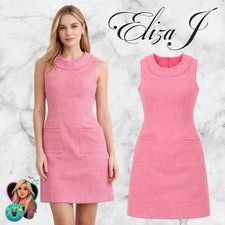 Eliza J Pink Shimmer Tweed Fringe Trim Sleeveless Sheath Dress Womens 0 Luxury