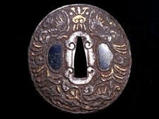 Japan antique Edo era nanban twin dragon gold inlay Tsuba Iron sword No Box 