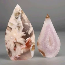 Lot Of 2 Green Flower Agate & Druzy Pink Agate Freeform Teardrop Ornaments - USA