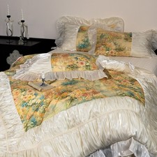 Bedding Set 4pcs Silk Cotton Lace Print Duvet Cover Flat Sheet 2 Pillowcases