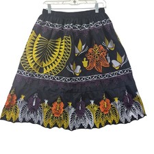 Boho Embroidered Floral Butterfly Midi Skirt Black Multi Tiered A-Line Womens