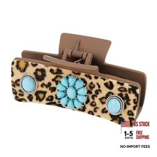 1 Pack Turquoise Blue Stone Hair Claw Western Brown Leopard Pattern PU