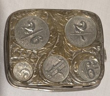 Antique Chatelaine Nickel Silver Floral British Pence 5 Coin Holder Purse #1