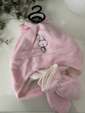 Baby girl pink hat  gloves set early days bunny print Winter Mittens Set Soft