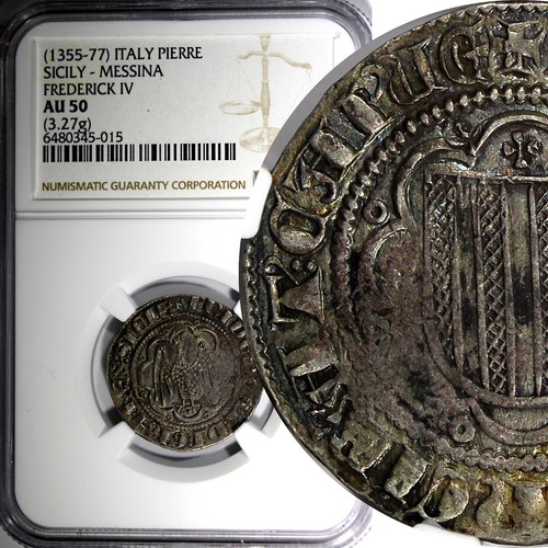 ITALIA Reino de Sicilia Federico IV (1355-1377) 1 Pierreale NGC AU50 MIR #194 (5) - Imagen 1 de 5