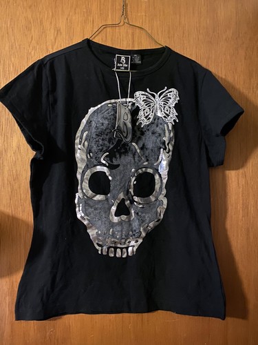 NWT Raw Blue Lady Stretchy Short Sleeve Sexy Black Silver Skull T Shirt 2XL
