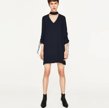 Zara Basics Collection Black High Neck V Neck Black Shift Dress Women's Small