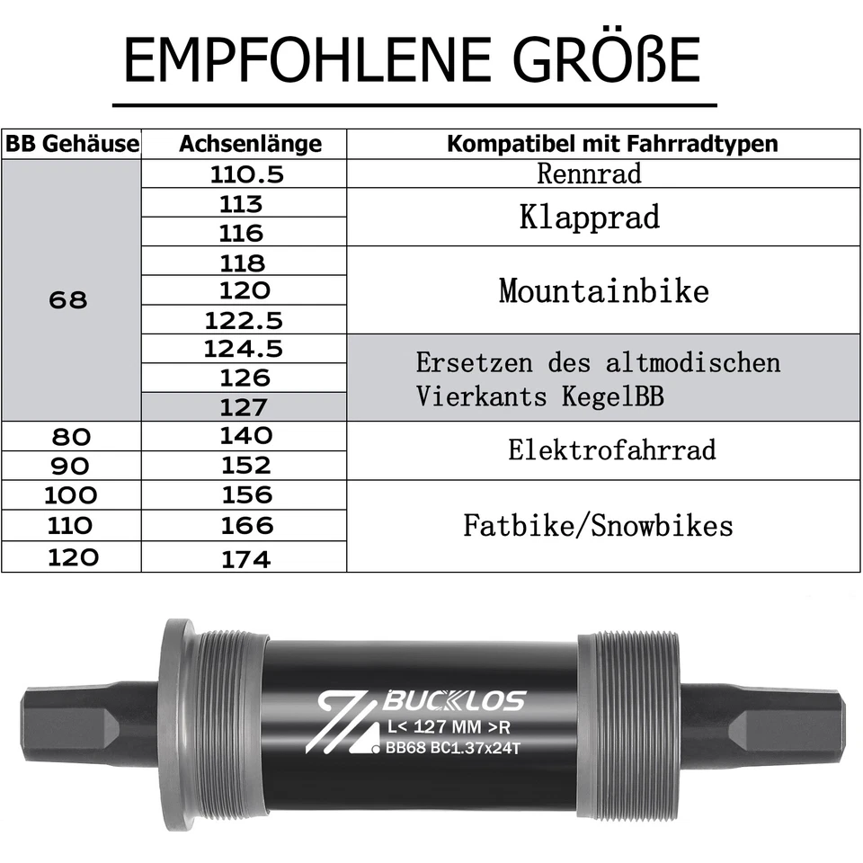 BB68mm Tretlager Fahrrad Innenlager ISO vierkant Patronenlager 10 Achslängen MTB - Bild 4 von 4