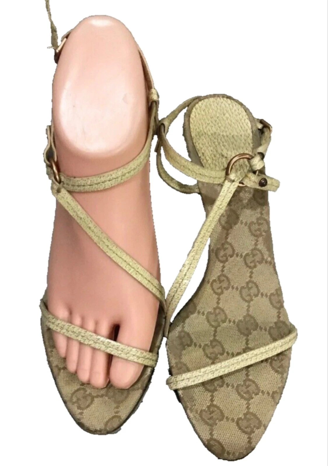 CHAUSSURES GUCCI BEIGE GG SANDALES RAYURES TOILE TALON HAUT MÉTALLIQUE TAILLE 37,5
