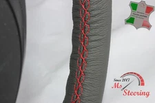 FUR GMC TERRAIN 10-14 GREY LEATHER STEERING WHEEL COVER, RED STIT
