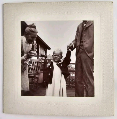 Antique Boarded Photo Cute Little Girl Holding Dads Hand Proud Grandma Outdoor