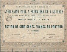 Chemin de Fer Lyon St Paul à Fourvière et à Loyasse (1899) 5 000 actions. Rare !