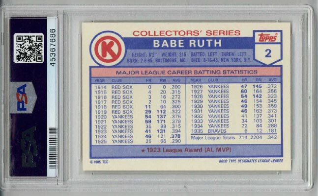 1985 TOPPS CIRCLE K #2 BABE RUTH BASEBALL CARD NEW YORK YANKEES PSA 10 LOW POP view 2