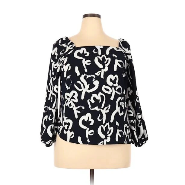 J.Crew 365 Womens Size 14 Blouse Blue & White Abstract Print, Square Neckline