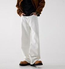 Men's Black White Denim Jeans Straight Leg Solid Casual Pants Loose Trousers New