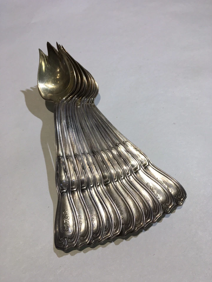 11 tenedores de helado Gorham 1909 La Modele de plata de ley dorada, Sporks, monograma Foto 4 de 4