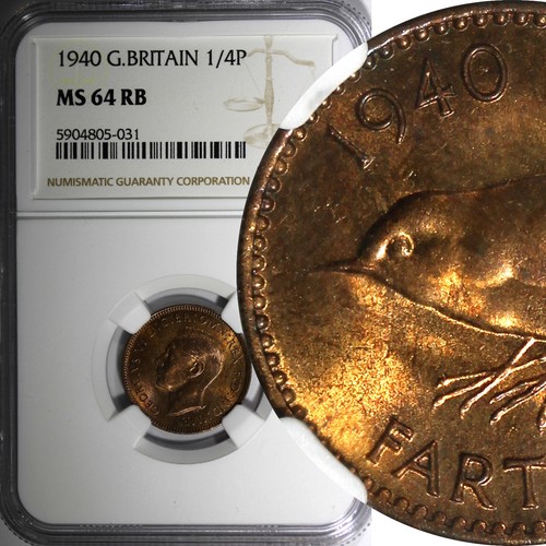 Grande-Bretagne George VI Bronze 1940 Farthing NGC MS64 RB TONIFICATION ROUGE KM# 843(31) - Photo 1/4